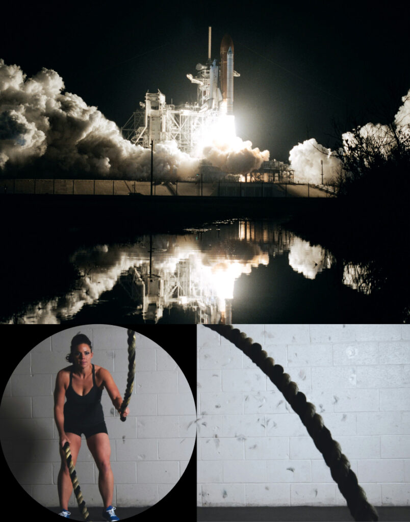 Collage of a rocket ship taking off and a woman exercising with ropes